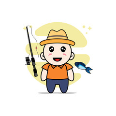 Cute courier character holding a fishing rod.