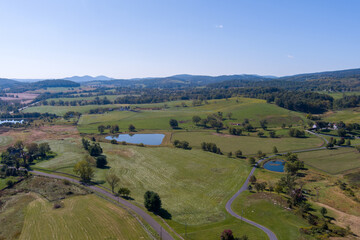 Aerial view of farmland near Paris, Fauquier County, Virginia. Paris is situated near the Blue Ridge Mountains.