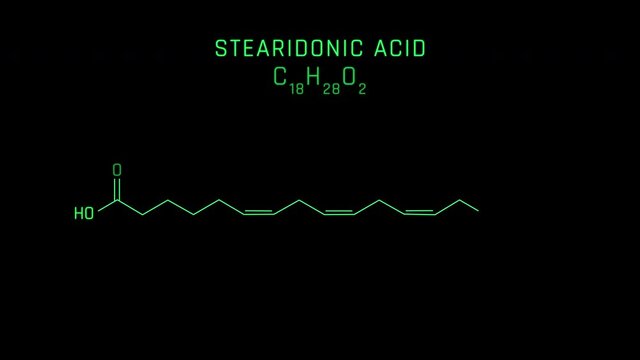 Stearidonic acid or SDA Molecular Structure Symbol Neon Animation on black background