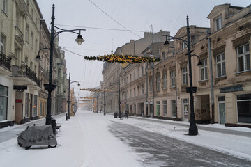 Łódź atak zimy 2021 ulica Piotrkowska w śniegu