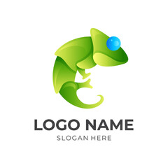 chameleon logo design with 3d green and blue color style