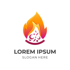 hot pizza logo, pizza and fire, combination logo with 3d red and yellow color style
