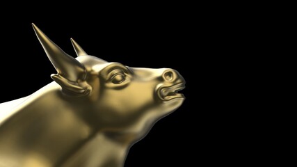 Gold bull sculpture. Sculpted casting depicting a bull in dramatic contrasting light representing financial market trends under spot light. 3D illustration. 3D high quality rendering. 3D CG.