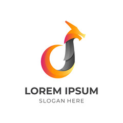 letter d dragon logo, letter d and dragon, combination logo with 3d orange and silver color style