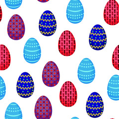 Seamless pattern of Easter eggs with different textures and colorful patterns on white background. Vector illustration