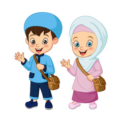 Cartoon Muslim kids going to school