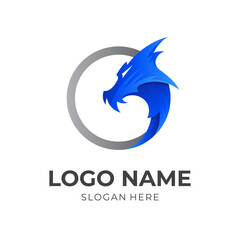 dragon logo, dragon and circle, combination logo with 3d blue and silver color style