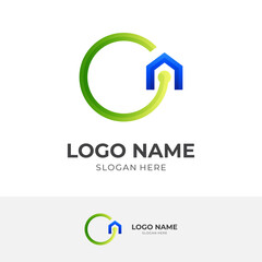 tech house logo, house and technology, combination logo with 3d blue and green color style