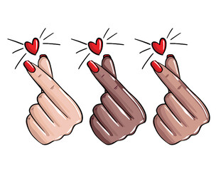 Nails love, manicure like sign. Korean love gesture, emoji  manicure master stickersFemale hand showing love, beauty salon  art