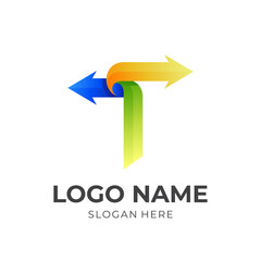 letter T arrow logo, letter T and arrow, combination logo with 3d colorful style