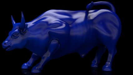 Dark blue bull sculpture. Sculpted casting depicting a bull in dramatic contrasting light representing financial market trends under spot light. 3D illustration. 3D high quality rendering. 3D CG.