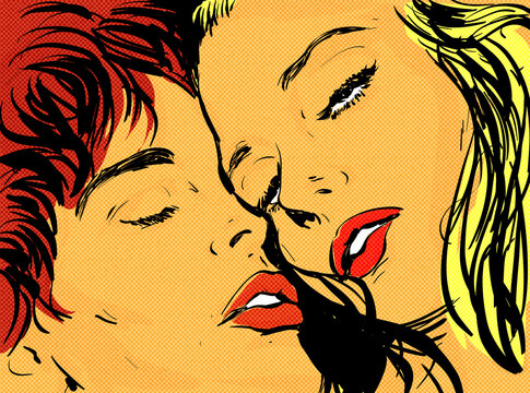 pop art jeune couple amoureux,tendresse, gros plan ,visage