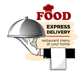 Express delivery of restaurant food. Waiter's hand with a dish of food and a towel. Vector template