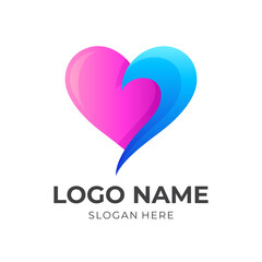 love fresh logo, love and wave, combination logo with 3d pink and blue color style