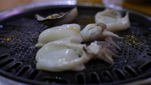 Close up view of fresh shells and cuttlefishes grilled with oil on a grill stove
