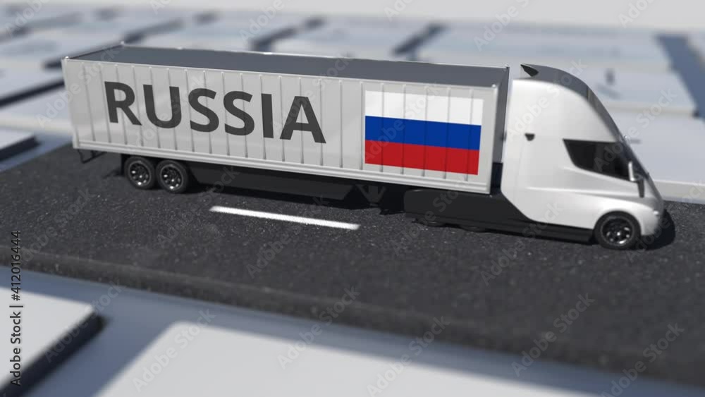 Poster flag of russia on moving truck and computer keyboard. international shipping related looping 3d anim