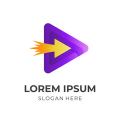 media arrow logo, play and arrow, combination logo with 3d purple and yellow color style