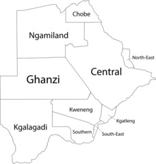 White vector map of Botswana with black borders and names of its districts