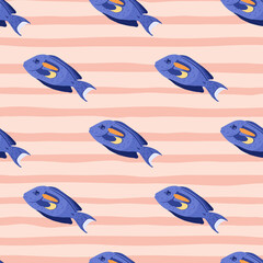 Abstract zoo seamless marine pattern with bright blue surgeon fish shapes. Pastel pink striped background.