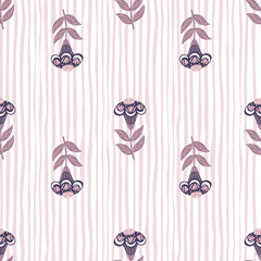 Pastel light tones seamless pattern in doodle style with purple folk flowers elements. Striped background.