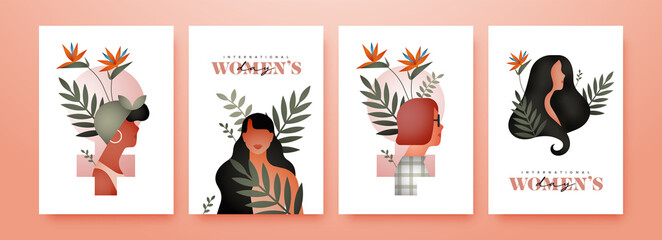 Women's Day diverse woman tropical nature card set