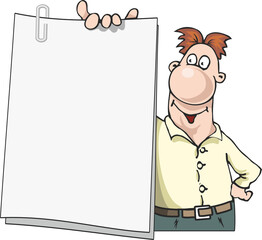 A satisfied man holds a blank piece of paper in his hands. Place for your advertisement. Hand-drawn man isolated on white background. Flat infographics. Vector illustration in cartoon style.