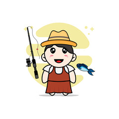 Cute girl character holding a fishing rod.