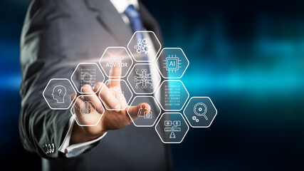 businessman clicking a hexagon tile with name ROBO ADVISOR in front of blue background