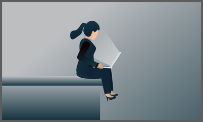 
vector illustration of
business woman sitting on a  building and using a laptop