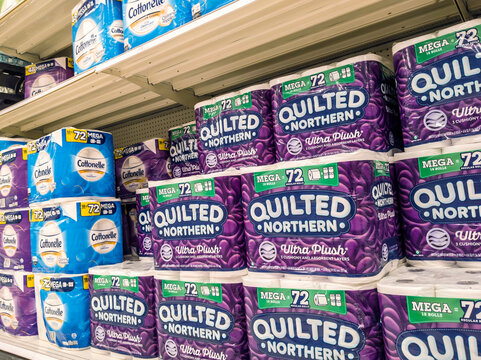 Woodinville, WA / USA - November 2nd, 2019: Quilted Northern and other toilet paper brands in household goods aisle at Target.