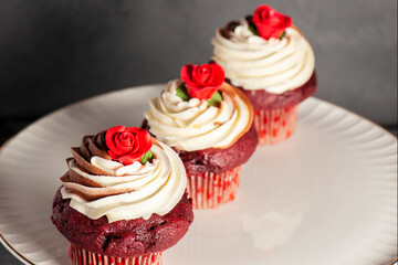 Valentine's Day themed red velvet cupcakes with chocolate and vanilla buttercream icing
