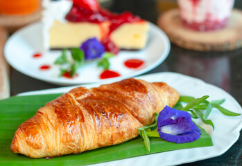 Butter croissant and coffee shop cafe