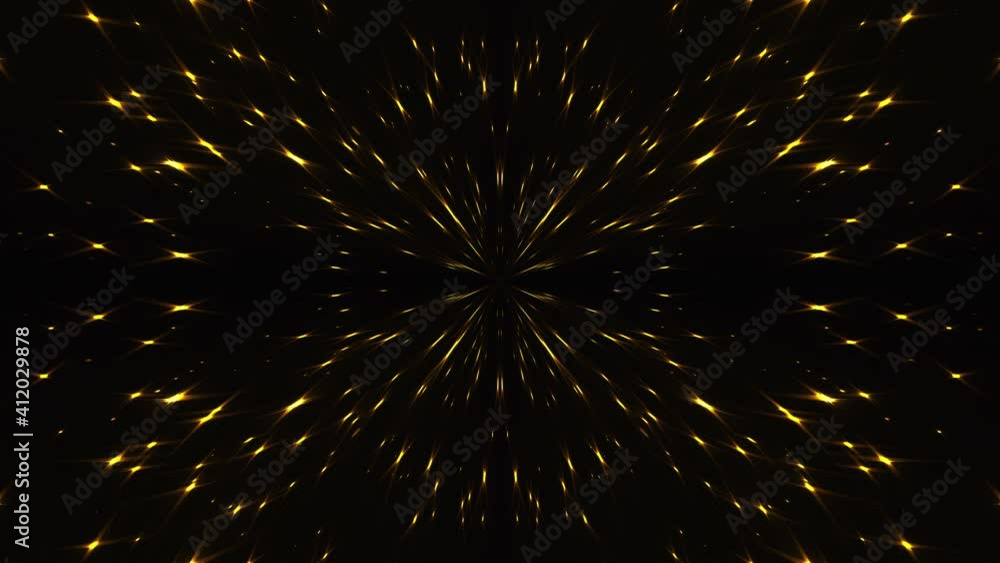 Poster 3d rendering kaleida of lights. radiation from the center of golden stars on a black background. com