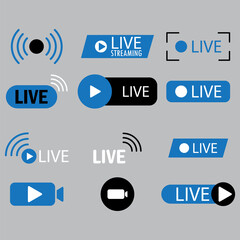 Streaming blue icon. Flat template with live stream icons. Internet broadcast. Live webinar button. Stock image. EPS 10.