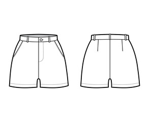 Short pants technical fashion illustration with mid-thigh length, normal waist, high rise, slashed pocket. Flat bottom apparel template front, back, white color style. Women, men, unisex CAD mockup