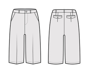 Short Bermuda pants technical fashion illustration with knee length, low waist, rise, slashed pocket. Flat walking bottom template front, back, grey color style. Women, men unisex CAD mockup