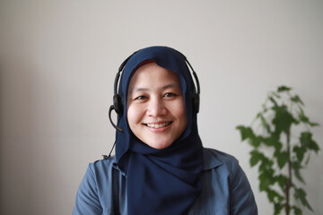 Beautiful Asian muslim woman using headphones speaking to camera, explaining something....