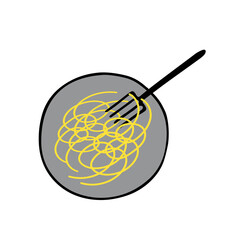 Black hand-drawn outline flat vector illustration of hot spaghetti on the plate with a fork isolated on a white background for dinner for cooking book