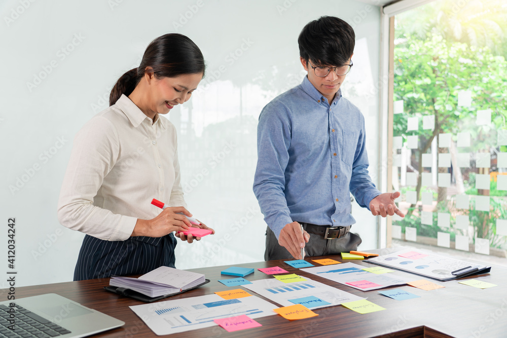 Poster creative group of business people brainstorming use sticky notes picking to share idea on table deci