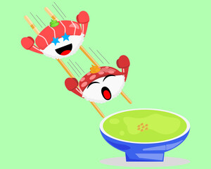 Illustration vector graphic cartoon character of japanese food, sushi slid toward the wasabi sauce
