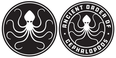 Octopus badge, logo, or emblem designs. Set of two vector badges showing octopus with 8 curling tentacles spread within a circle. © rockindaddy