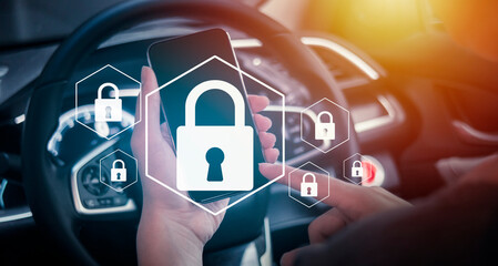 user writing password on mobile phone in car. data protection from hacker, digital crime for...
