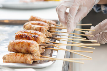 Selective focus of Isan Sausage in a Tray  Most popular food in Thailand