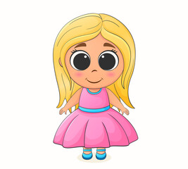 Cute cartoon girl in a pink dress. Vector illustration of smiling little kid girl
