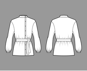 Cossack blouse technical fashion illustration with tie, bouffant long sleeves, stand collar, oversized, button up. Flat apparel top template front, back, white color. Women men unisex CAD mockup