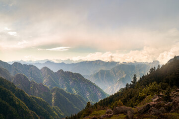 Sunset in the mountains. This is the view of Himalayas peaks, alpine landscape from the trail of...