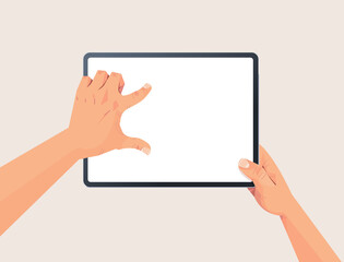 human hands holding tablet pc with blank touch screen using digital device concept isolated horizontal vector illustration