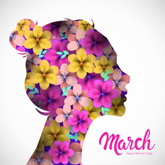 womens day 8 march holiday celebration banner flyer or greeting card with flowers in female head shape paper cut style vector illustration