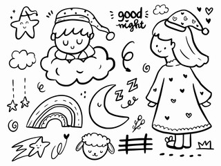 Cute goodnight drawing doodle illustration cartoon with rainbow and clouds for kids