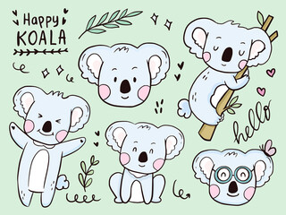 Set of cute koala animal cartoon for kids coloring and print.